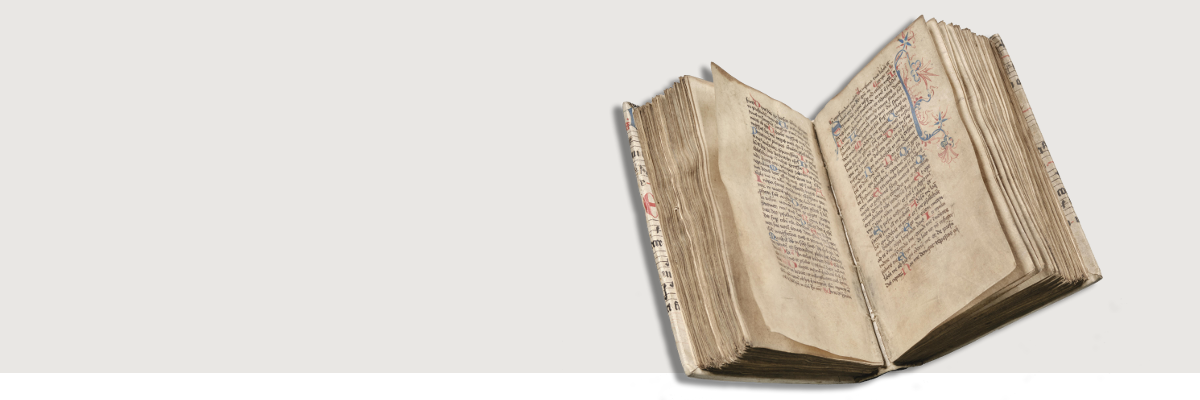 Header graphic with opened manuscript of the 15th century, on the right outer margin with red-blue book decoration 